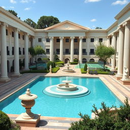 Recreation area designed in classicist architecture with a Greek influence, featuring an elegant swimming pool surrounded by columns and Greek sculptures, evoking an ancient ambiance