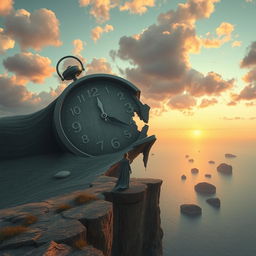 Surreal landscape with a giant clock melting over the edge of a cliff, overlooking a vast ocean with small islands