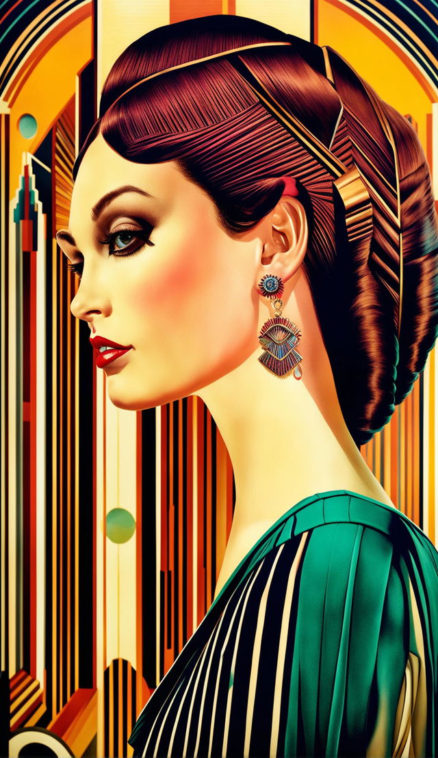 Side profile of a woman with vibrant colors, elaborate Art Deco hairstyle, vibrant lipstick, button nose, full Cupid’s bow lips in an Art Deco fashion outfit against an Art Deco architecture backdrop.