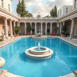 Recreation area designed in classicist architecture with a Greek influence, featuring an elegant swimming pool surrounded by columns and Greek sculptures, evoking an ancient ambiance