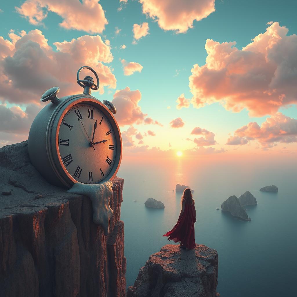 Surreal landscape with a giant clock melting over the edge of a cliff, overlooking a vast ocean with small islands