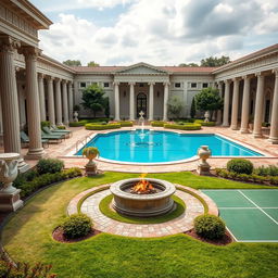 Recreation area designed in classicist architecture with a Greek influence, featuring an elegant swimming pool surrounded by columns and Greek sculptures, evoking an ancient ambiance