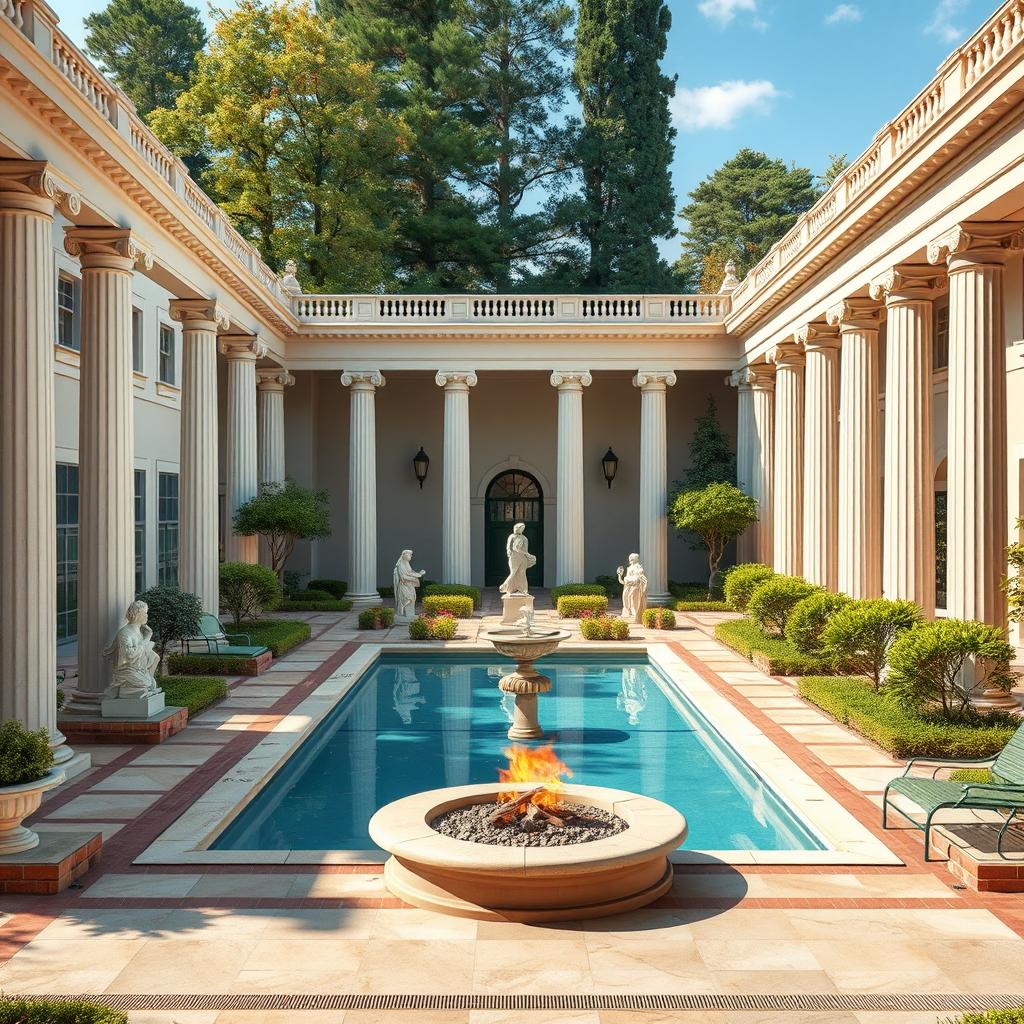 Recreation area designed in classicist architecture with a Greek influence, featuring an elegant swimming pool surrounded by columns and Greek sculptures, evoking an ancient ambiance