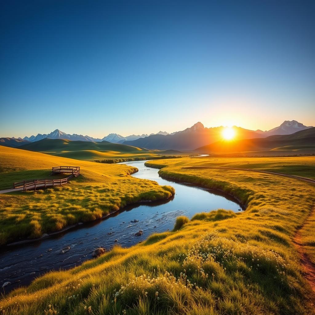 A serene landscape with a winding river flowing through lush green meadows under a clear blue sky