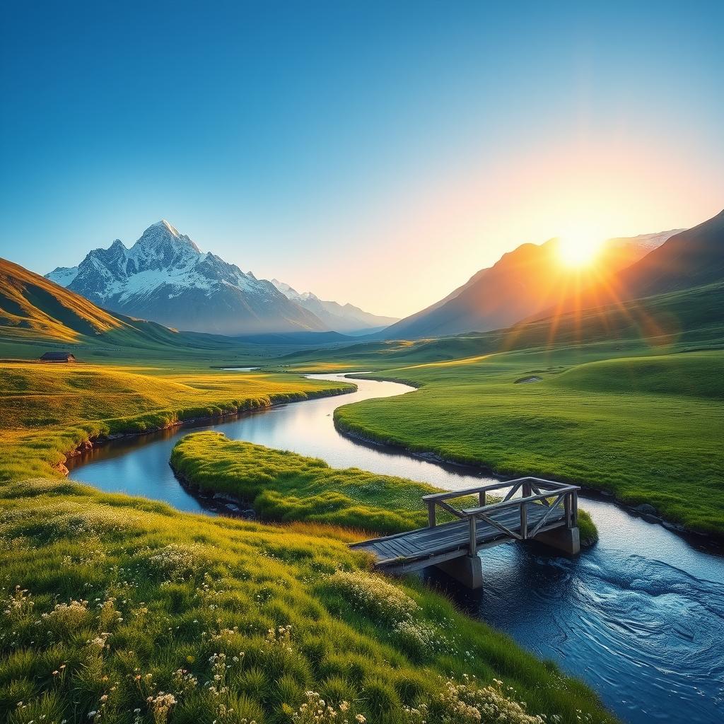 A serene landscape with a winding river flowing through lush green meadows under a clear blue sky