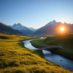 A serene landscape with a winding river flowing through lush green meadows under a clear blue sky