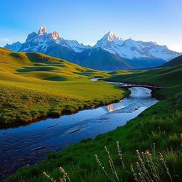 A serene landscape with a winding river flowing through lush green meadows under a clear blue sky