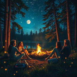 A dreamy and captivating scene of a group of friends sitting around a glowing campfire under a starry night sky