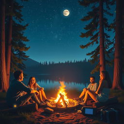 A dreamy and captivating scene of a group of friends sitting around a glowing campfire under a starry night sky