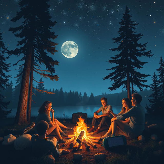 A dreamy and captivating scene of a group of friends sitting around a glowing campfire under a starry night sky