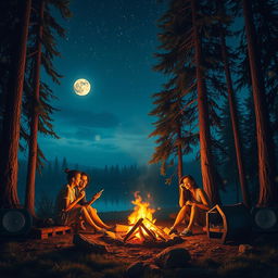 A dreamy and captivating scene of a group of friends sitting around a glowing campfire under a starry night sky