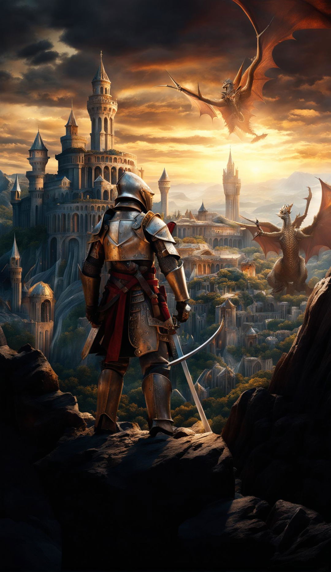 A high fantasy photograph with Game of Thrones vibes featuring a grand castle, a knight in gleaming armor, and a dragon perched on a rocky outcrop.