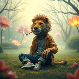 A surreal creature that is a blend of an animal and a human, sitting relaxed, with a comical expression, smoking a marijuana joint