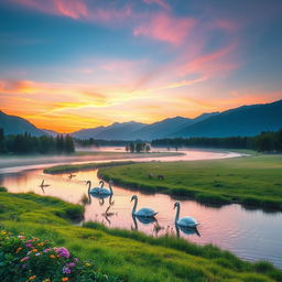 The essence of tranquility: a serene landscape with a soft, winding river reflecting a pastel sunset