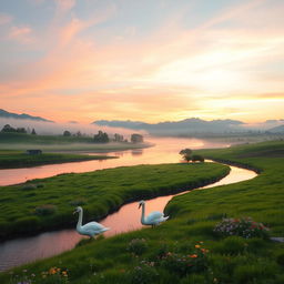 The essence of tranquility: a serene landscape with a soft, winding river reflecting a pastel sunset