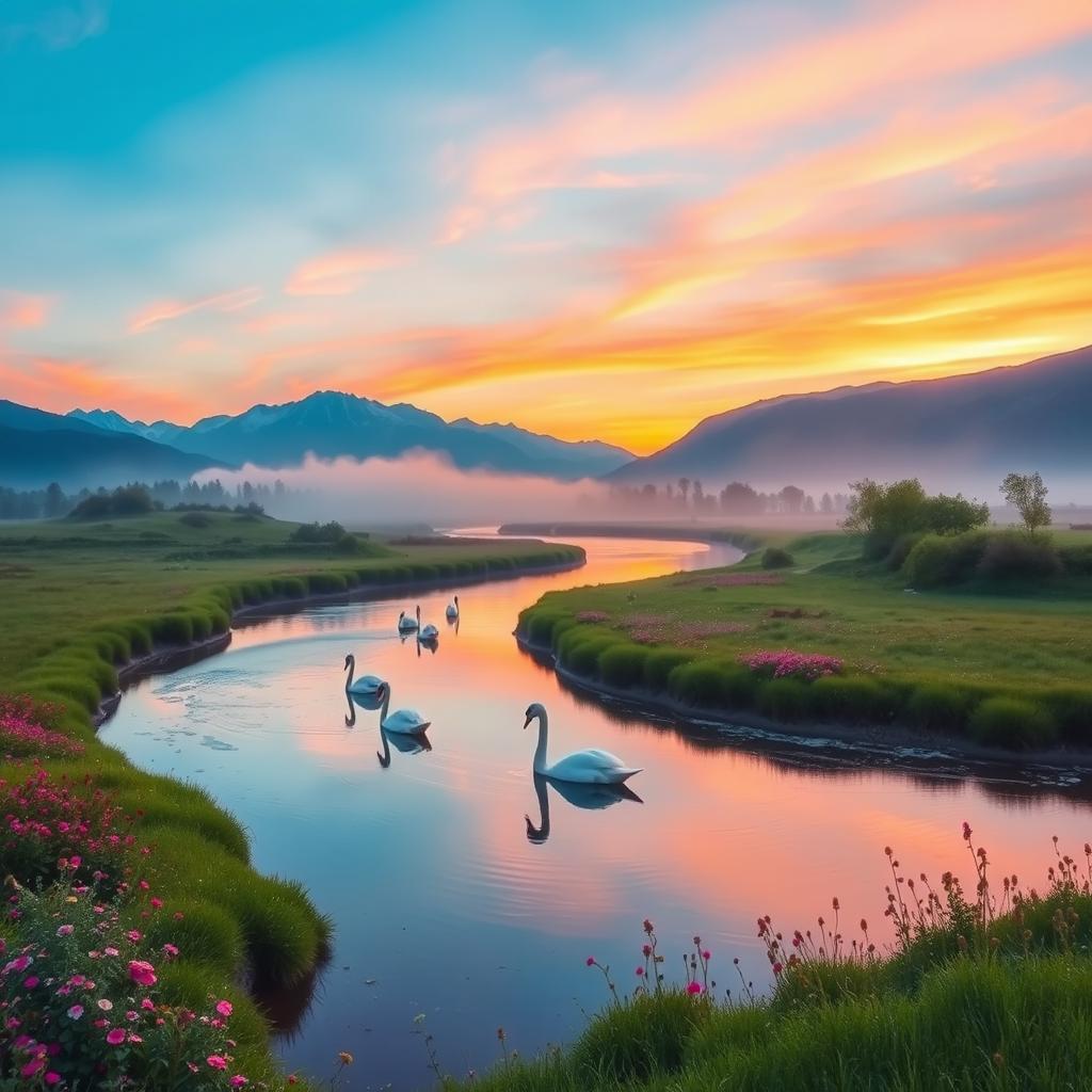 The essence of tranquility: a serene landscape with a soft, winding river reflecting a pastel sunset