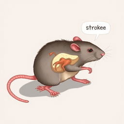 a medical illustration of a rat experiencing symptoms of a stroke; the rat appears disoriented and is depicted in a realistic style, illustrating the physiological effects on its small body