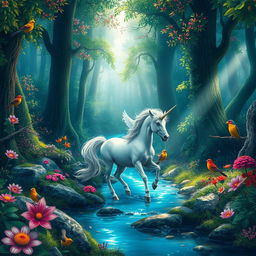 an ethereal forest scene with vibrant foliage, featuring a mystical unicorn with a shimmering mane, trotting gracefully along a crystal-clear stream