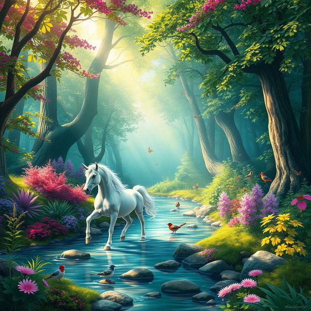 an ethereal forest scene with vibrant foliage, featuring a mystical unicorn with a shimmering mane, trotting gracefully along a crystal-clear stream