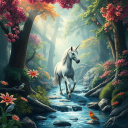 an ethereal forest scene with vibrant foliage, featuring a mystical unicorn with a shimmering mane, trotting gracefully along a crystal-clear stream