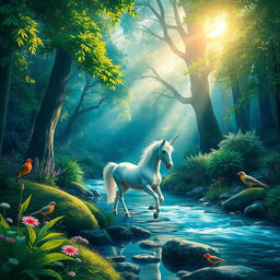 an ethereal forest scene with vibrant foliage, featuring a mystical unicorn with a shimmering mane, trotting gracefully along a crystal-clear stream