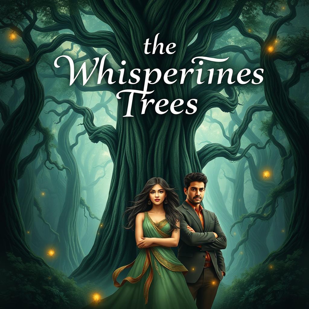 An enchanting book cover design for 'The Whispering Trees'