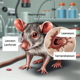 An illustration of a rat experiencing symptoms of leptospirosis and a cerebral hemorrhage, showcasing realistic anatomical and medical detail, with a focus on the physiological effects on the rat