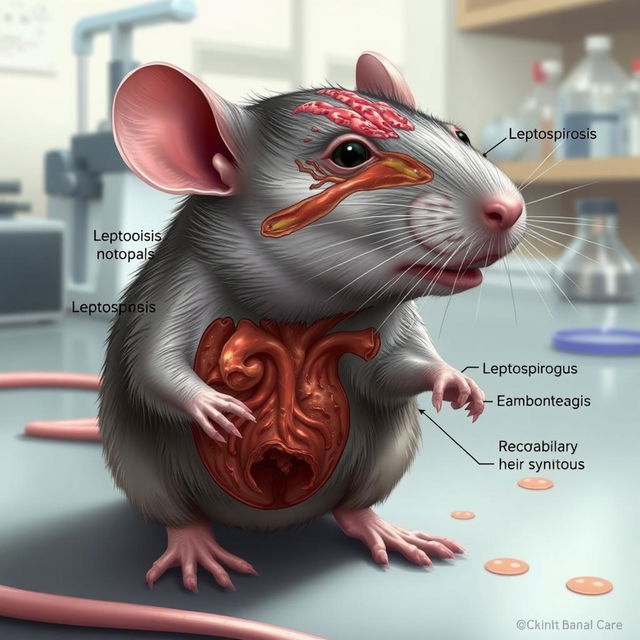 An illustration of a rat experiencing symptoms of leptospirosis and a cerebral hemorrhage, showcasing realistic anatomical and medical detail, with a focus on the physiological effects on the rat