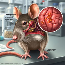 An illustration of a rat experiencing symptoms of leptospirosis and a cerebral hemorrhage, showcasing realistic anatomical and medical detail, with a focus on the physiological effects on the rat