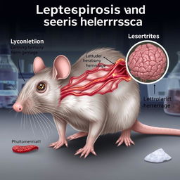 An illustration of a rat experiencing symptoms of leptospirosis and a cerebral hemorrhage, showcasing realistic anatomical and medical detail, with a focus on the physiological effects on the rat