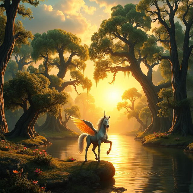 A magical fantasy forest where the sun sets above a shimmering lake, casting golden reflections on the water