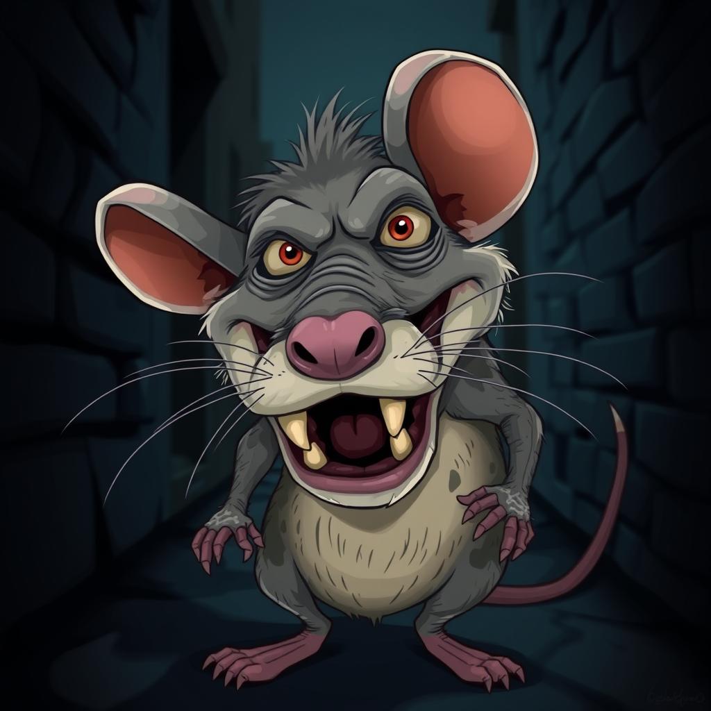 An ugly, grotesque rat with exaggerated, unattractive features, such as large uneven teeth, patchy fur, and beady eyes, depicted in a cartoonish style to emphasize its unpleasantness while still maintaining a playful tone