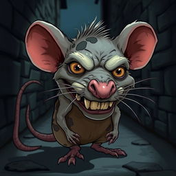 An ugly, grotesque rat with exaggerated, unattractive features, such as large uneven teeth, patchy fur, and beady eyes, depicted in a cartoonish style to emphasize its unpleasantness while still maintaining a playful tone