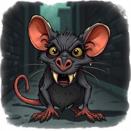 An ugly, grotesque rat with exaggerated, unattractive features, such as large uneven teeth, patchy fur, and beady eyes, depicted in a cartoonish style to emphasize its unpleasantness while still maintaining a playful tone