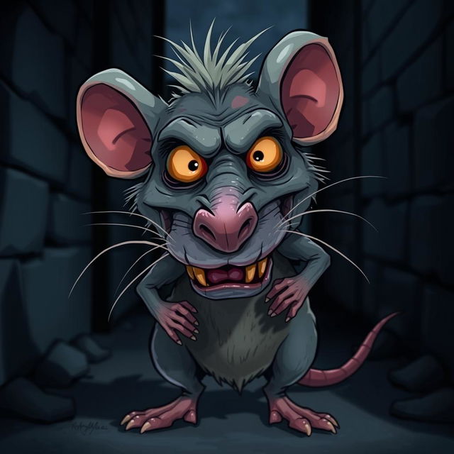 An ugly, grotesque rat with exaggerated, unattractive features, such as large uneven teeth, patchy fur, and beady eyes, depicted in a cartoonish style to emphasize its unpleasantness while still maintaining a playful tone