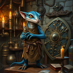 A kobold artificer named Skimit, known as the Cobalt Bulwark, stands proudly in his workshop