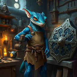 A kobold artificer named Skimit, known as the Cobalt Bulwark, stands proudly in his workshop