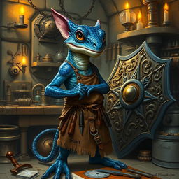 A kobold artificer named Skimit, known as the Cobalt Bulwark, stands proudly in his workshop