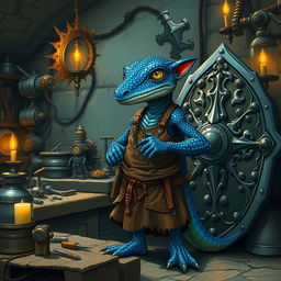 A kobold artificer named Skimit, known as the Cobalt Bulwark, stands proudly in his workshop