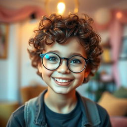 A charming girl with short curly hair and round glasses, smiling warmly