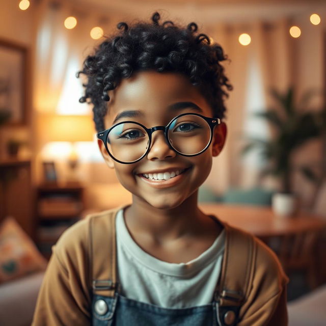 A charming girl with short curly hair and round glasses, smiling warmly