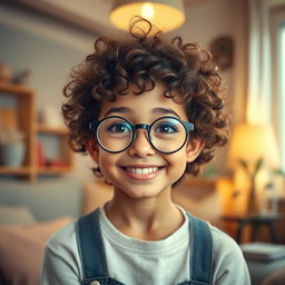 A charming girl with short curly hair and round glasses, smiling warmly