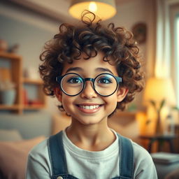 A charming girl with short curly hair and round glasses, smiling warmly