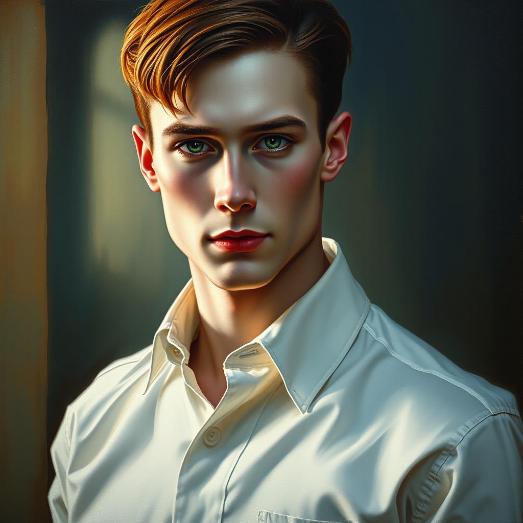 Oil painting of a tall, handsome 27-year-old vampire man with pale skin