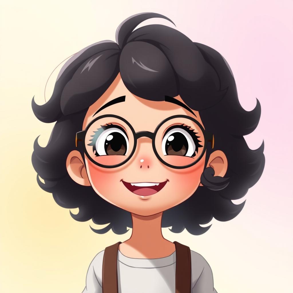 An animated scene featuring a charming girl with short curly hair and round glasses, smiling warmly