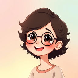 An animated scene featuring a charming girl with short curly hair and round glasses, smiling warmly