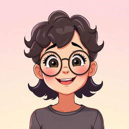 An animated scene featuring a charming girl with short curly hair and round glasses, smiling warmly