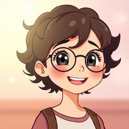 An animated scene featuring a charming girl with short curly hair and round glasses, smiling warmly