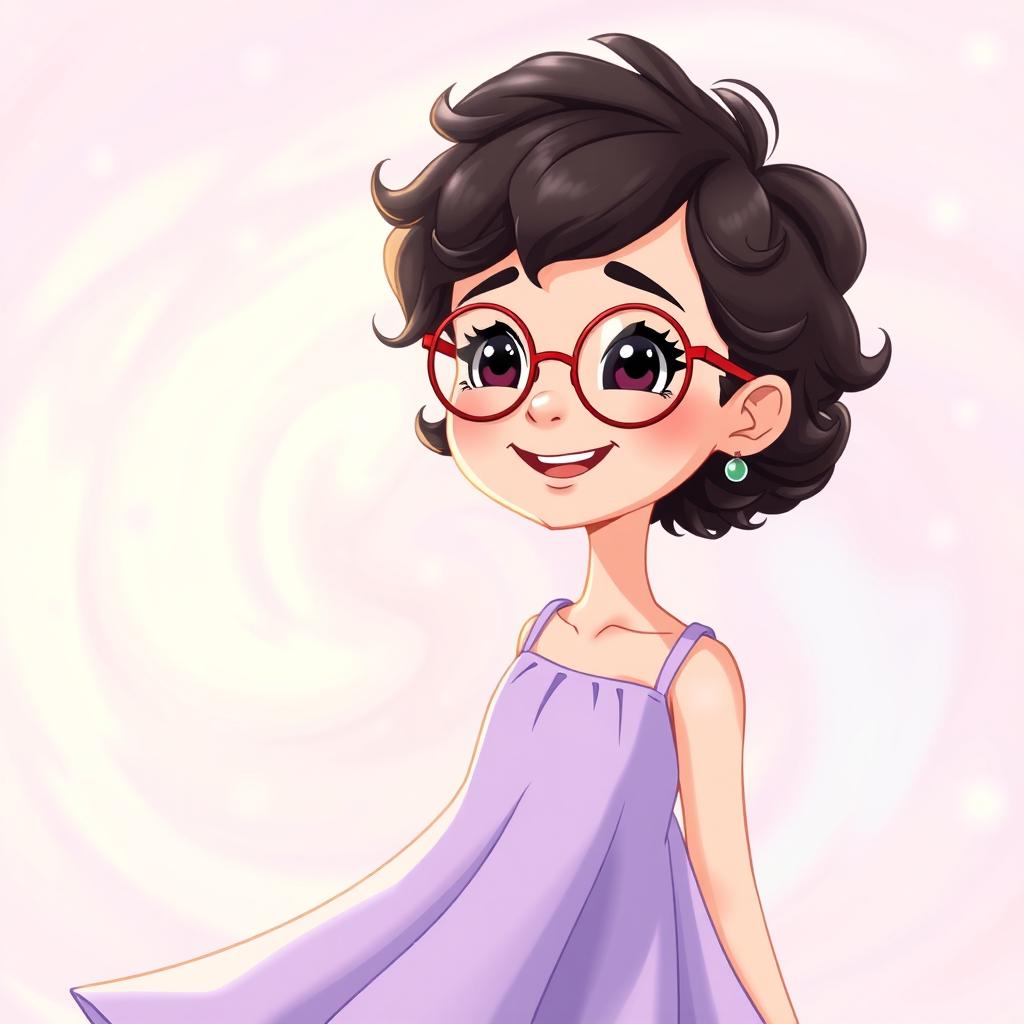 An animated scene featuring a charming girl with short, tight curly hair and round glasses, smiling warmly