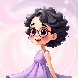 An animated scene featuring a charming girl with short, tight curly hair and round glasses, smiling warmly